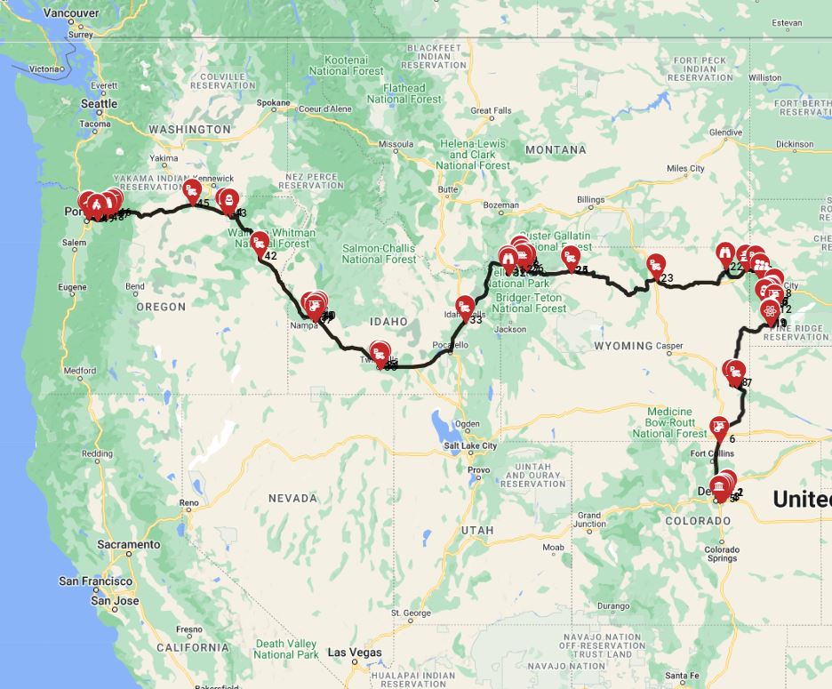 RV road trip route from Denver to Portland including Mt. Rushmore and the Yellowstone
